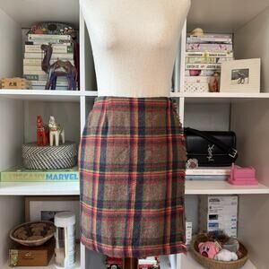 Vintage 90s GAP Wool Wrap Front Fringe Midi Plaid Blanket Skirt , Brown Wms 4